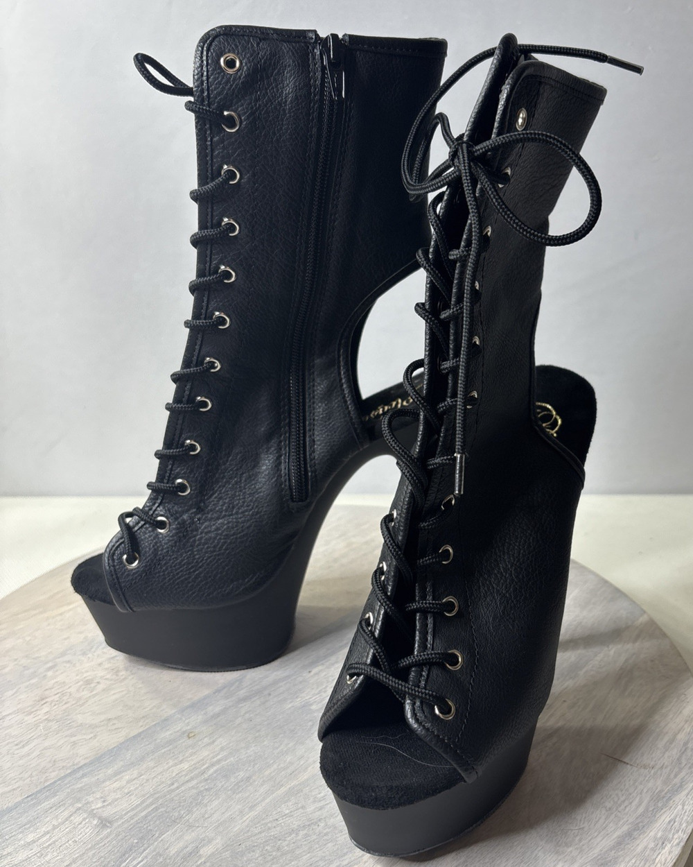 Pleaser Delight-1018 Black Faux Leather Open Toe Back Lace Up Bootie 9